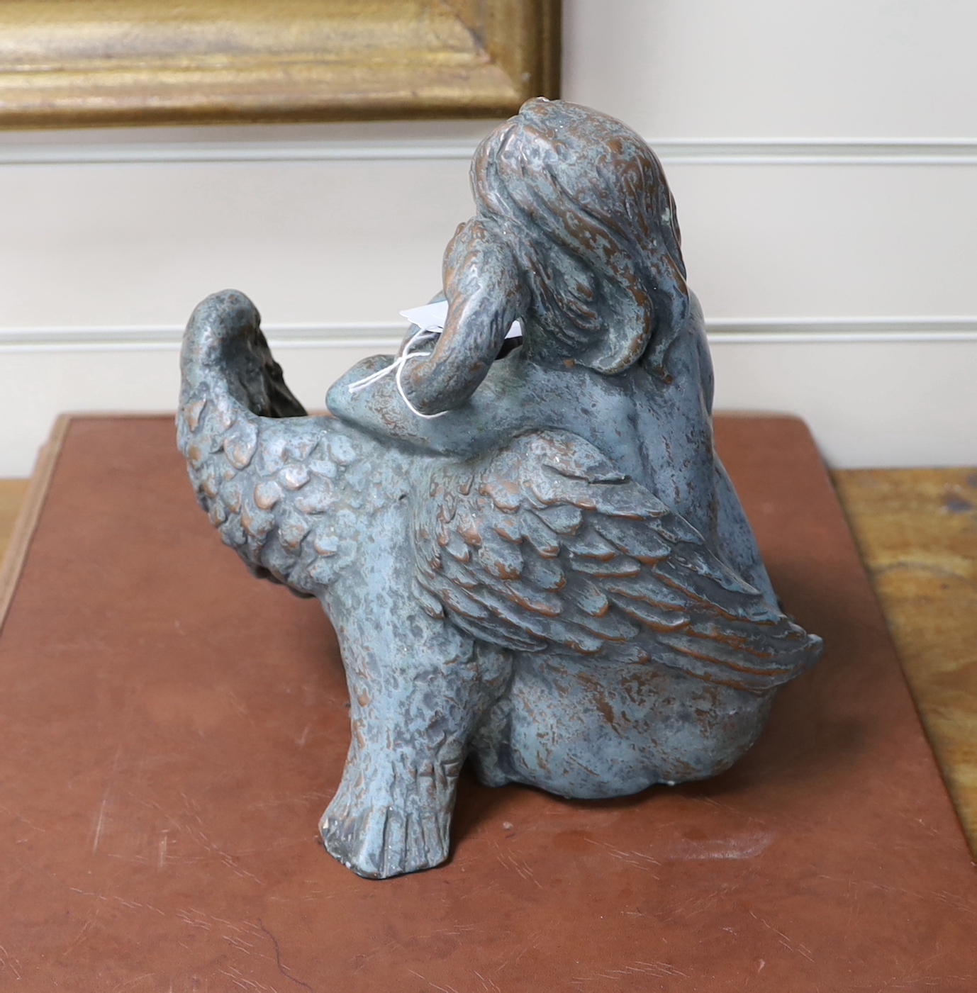 A verdigris coppered design sculpture, Leda and the swan, 18cm high